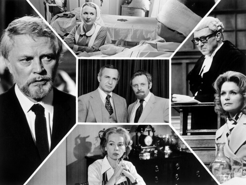 QB VII, center from left: Ben Gazzara, Anthony Hopkins, clockwise from top: Juliet Mills, Anthony Quayle, Lee Remick, Leslie Caron, Dan O'Herlihy, 1974.