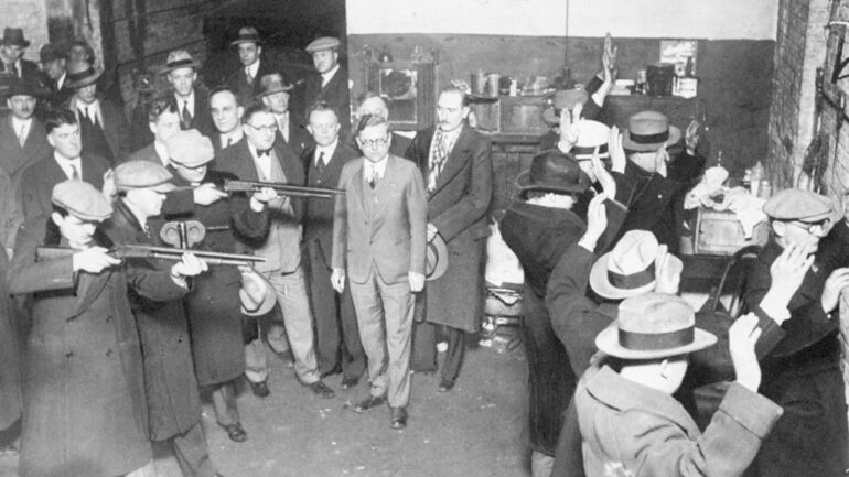 Chicago officials re-enact St. Valentine's Day massacre, the most atrocious in Chicago's history, which was planned in Al (Scarface) Capone's Florida residence