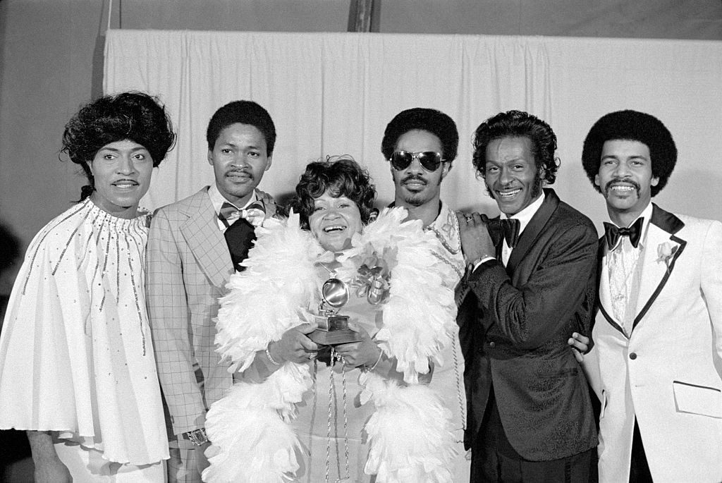 Little Richard, Stevie Wonder's brother, Lula Mae Hardaway (Stevie Wonder's mother), Stevie Wonder, Chuck Berry and unidentified at the 16th Annual Grammy Awards. Image dated March 2, 1974