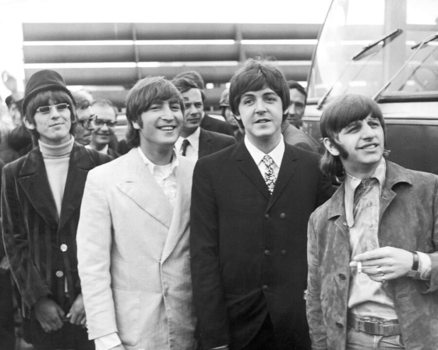 The Beatles at London Airport en route to Germany, and afterwards, Japan, 23rd June 1966. From left to right, George, John, Paul and Ringo