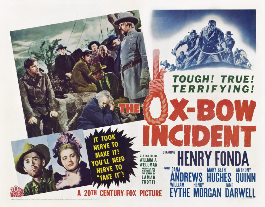 THE OX-BOW INCIDENT, top l-r: Dana Andrews, Rondo Hatton, Anthony Quinn, Jane Darwell, Francis Ford, Frank Conroy, bottom l-r: Henry Fonda, Mary Beth Hughes on poster art, 1943, 