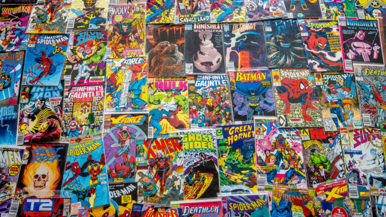 Calgary, Alberta - January 13, 2023: Vintage comic book collection showing comic book covers,