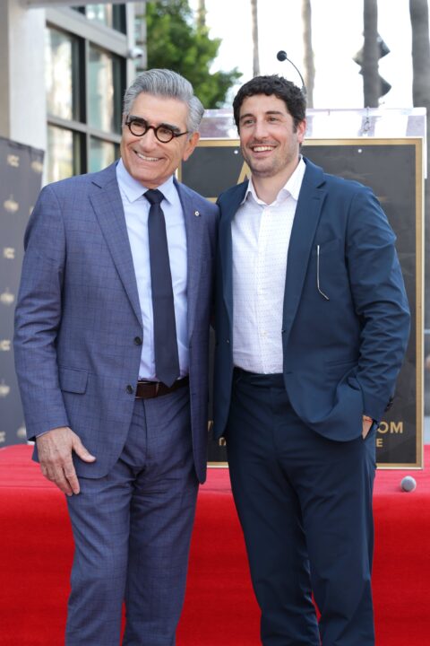HOLLYWOOD, CALIFORNIA - MARCH 08: Eugene Levy (L) and Jason Biggs attend Eugene Levy's Hollywood Walk of Fame Star ceremony, celebrating the accomplished actor and host of Apple TV+’s “The Reluctant Traveler With Eugene Levy" on March 08, 2024 in Hollywood, California. 