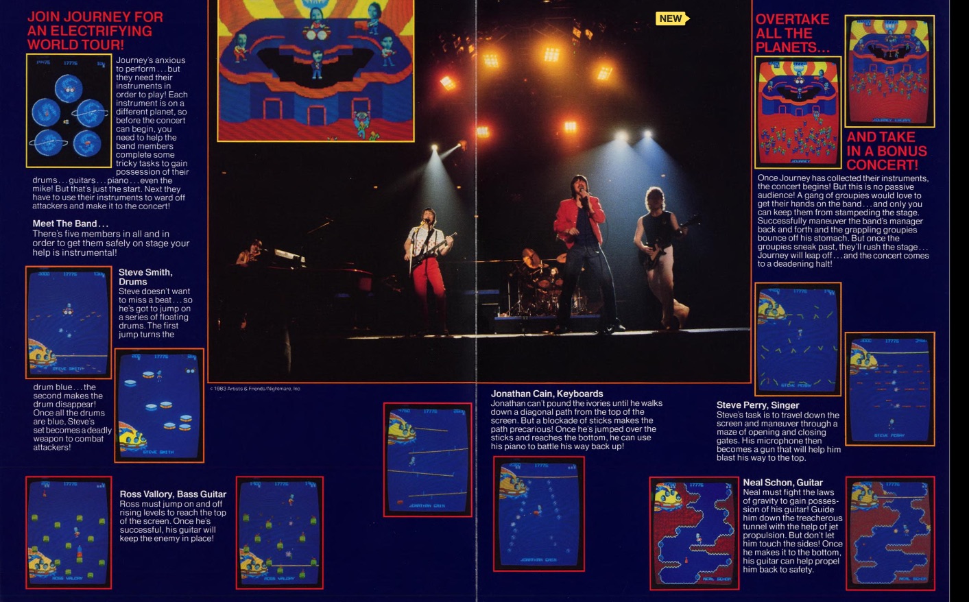 screenshot of a flyer for the 1983 Bally Midway arcade video game Journey. It is a two-page spread describing the gameplay. In the center is a photo of Journey performing; above that, in the upper left of the photo, is a smaller image of the video game version of the band performing in one of the game's stages.
