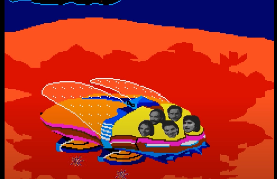 screenshot from the 1983 Bally Midway arcade video game Journey. It shows digitized headshots of the five original members of Journey as featured in the game all gathered into the Scarab Escape vehicle following the successful completion of one of the game's stages.