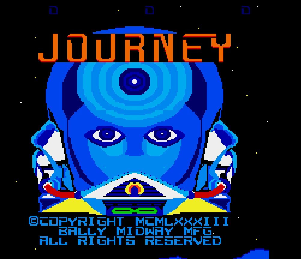screenshot of the introductory screen of Bally Midway's 1983 arcade video game Journey. Beneath large red lettering saying "Journey," a large blue alien-like face takes up most of the screen. 