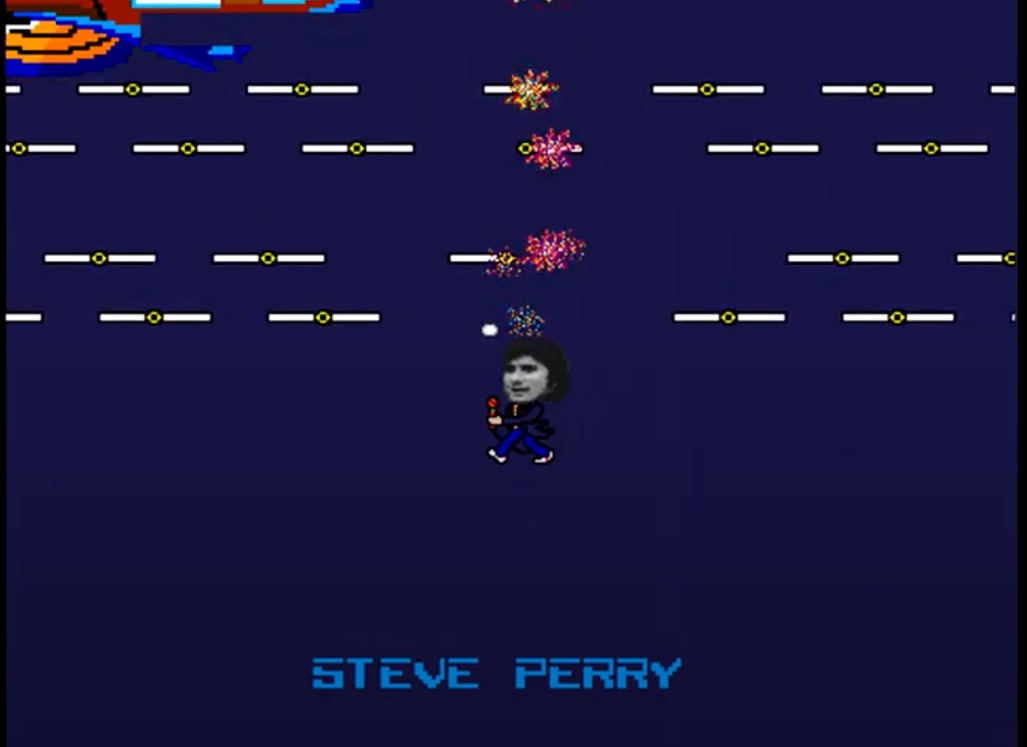 screenshot from the 1983 Bally Midway arcade video game Journey. It shows a digitized version of singer Steve Perry using his microphone to blast aliens.