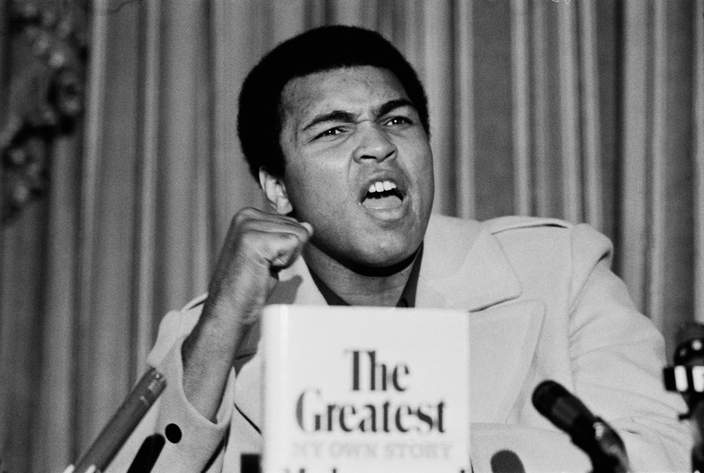 American professional boxer, activist, and philanthropist Muhammad Ali (1942 - 2016) at a press conference presenting his new autobiographical book 'The Greatest: My Own Story' held at The Savoy Hotel, London, UK, 10th March 1976