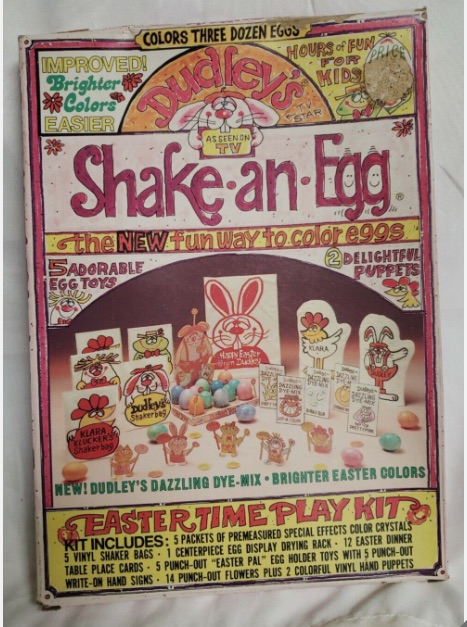 picture from eBay of a 1977 box of Shake-an-Egg Easter egg coloring kit. 