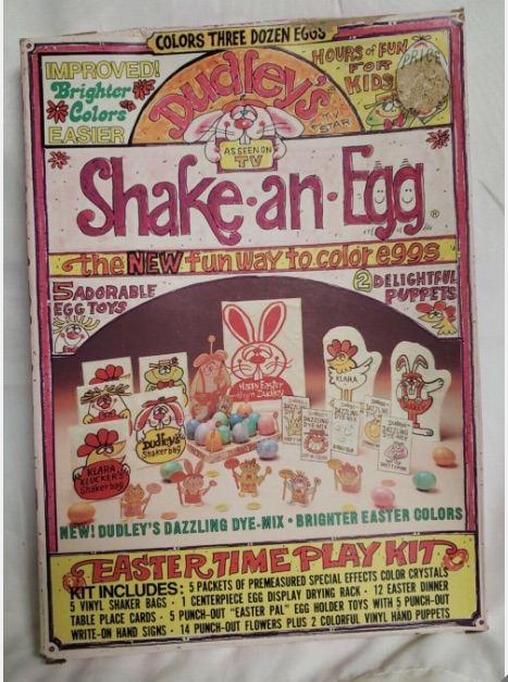 picture from eBay of a 1977 box of Shake-an-Egg Easter egg coloring kit.
