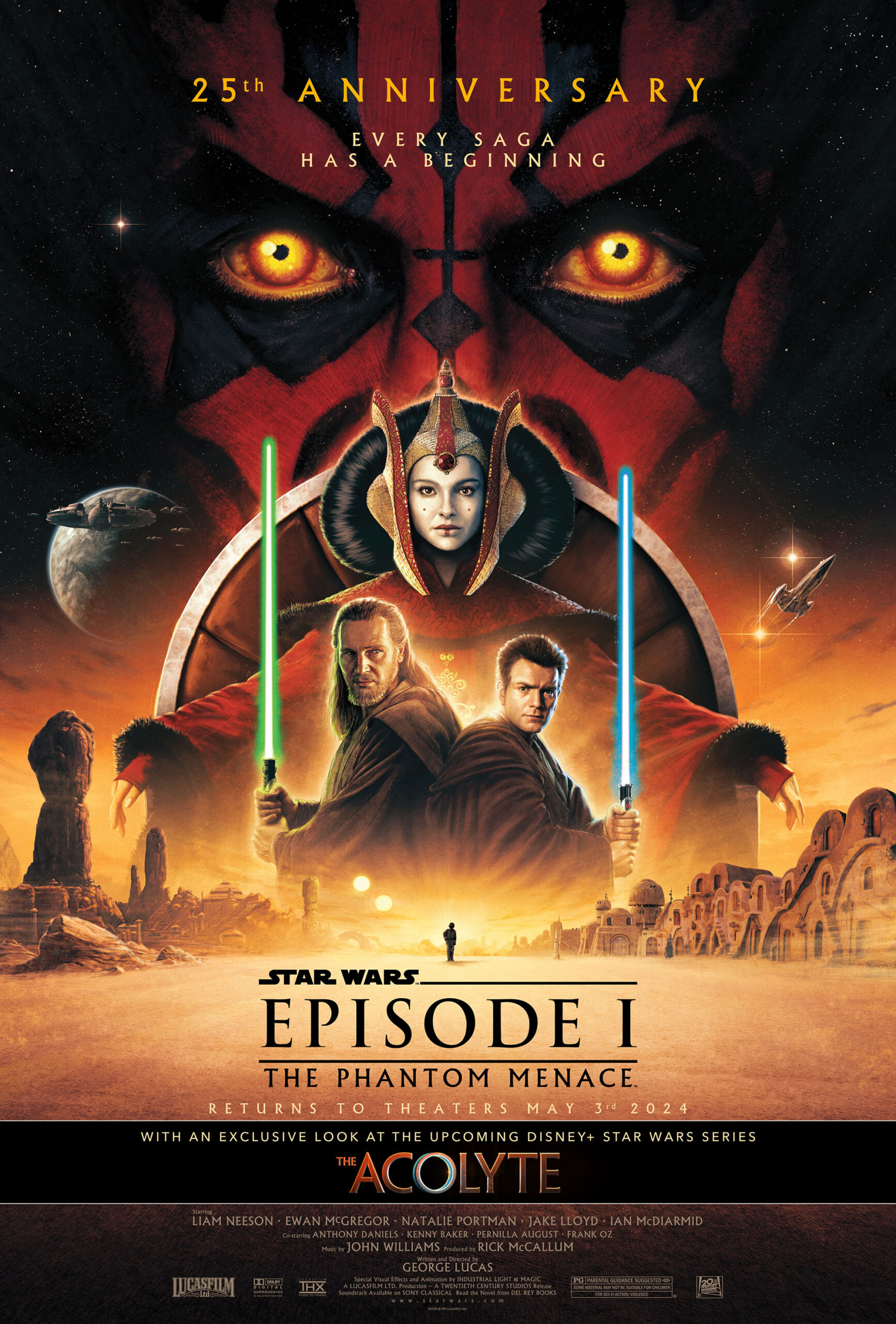 movie poster for the 25th anniversary theatrical re-release of "Star Wars: Episode I — The Phantom Menace." At top are the words "25th Anniversary," below which reads: "Every Saga Has a Beginning." A large, extreme close-up of the face of character Darth Maul fills the backdrop, below which are illustrations of the characters Padme Amadala, Qui-Gon Jinn and Obi-Wan Kenobi.