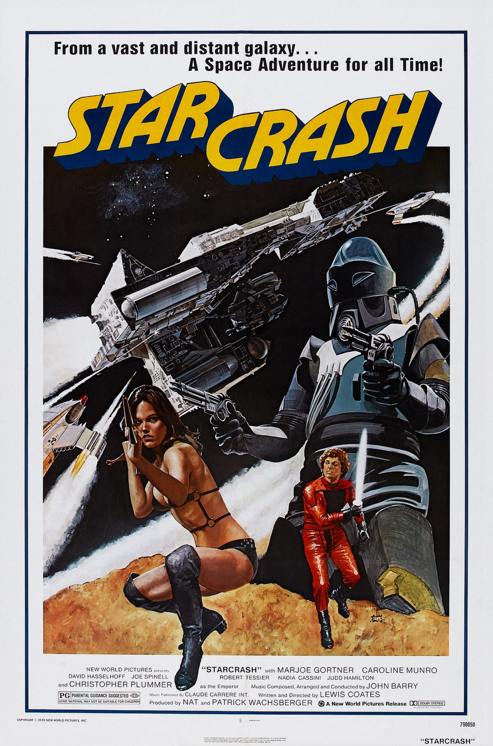 movie poster for the 1979 space opera film "Starcrash." Beneath the film's title, printed in stylized yellow lettering, is an illustration of various characters and things from the film, including a spaceship, the heroine dressed in a leather bikini and boots and holding a laser gun while crouching down, and a large robot carrying two laser blasters.