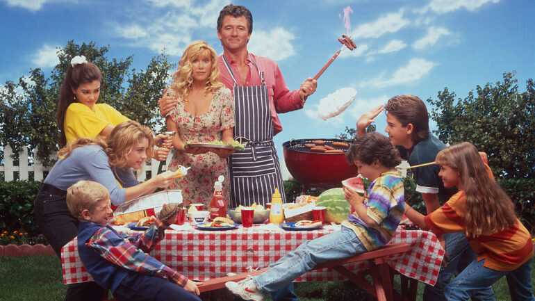STEP BY STEP, clockwise from lower left: Christopher Catile, Staci Keanan, Angela Watson, Suzanne Somers, Patrick Duffy, Brandon Call, Christine Lakin, Josh Byrne, 1991-98.