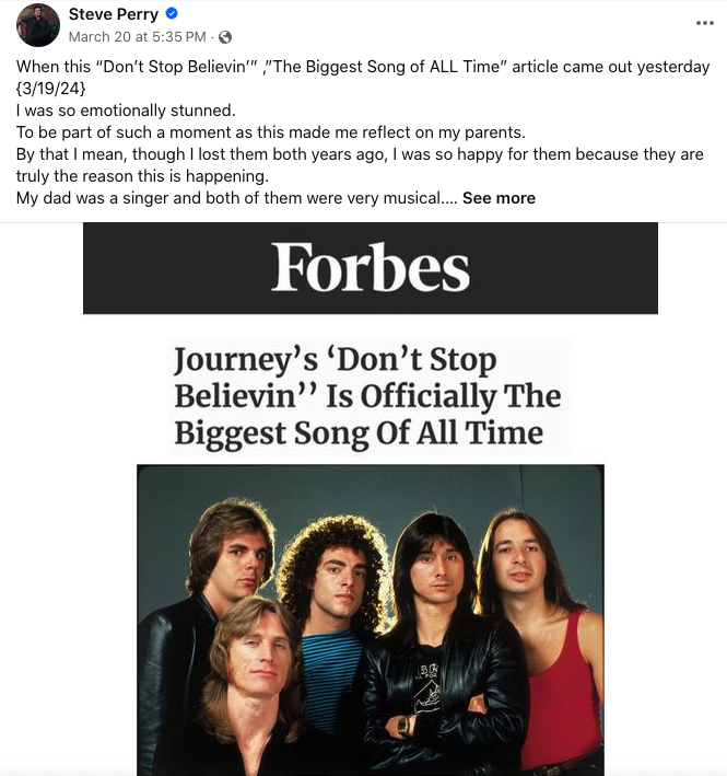 Steve Perry Facebook post from March 20, 2024