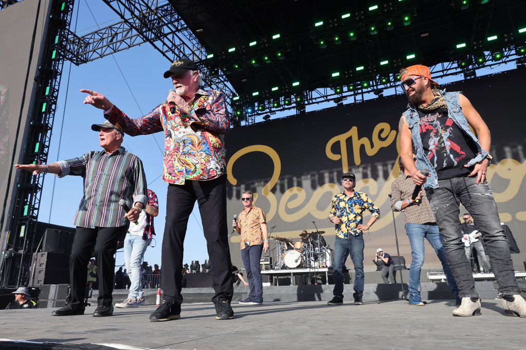 Bruce Johnston, Mike Love, and Brian Eichenberger of The Beach Boys, and Preston Brust of LOCASH perform onstage during Day 3 of the 2022 Stagecoach Festival at the Empire Polo Field on May 01, 2022 in Indio, California