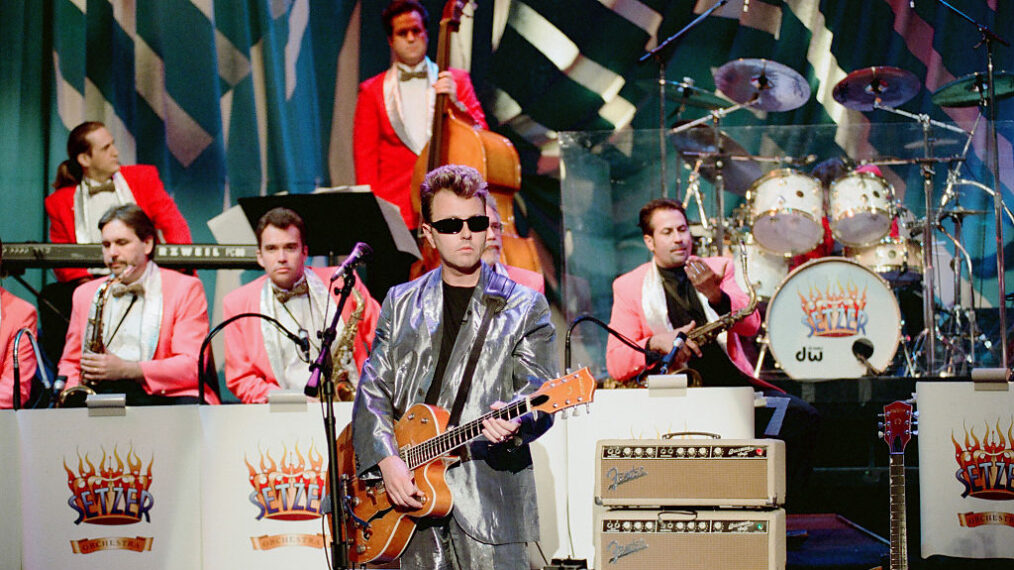 Brian Setzer of the musical guest The Brian Setzer Orchestra performs on May 10, 1996