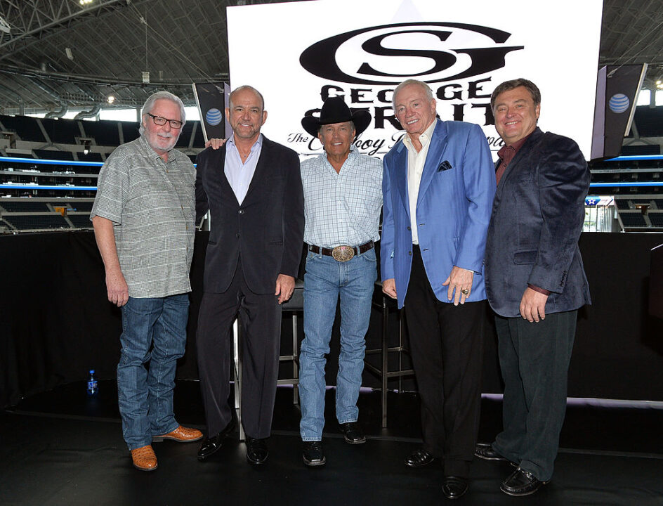 Strait's longtime manager Erv Woolsey; The Cowboy Rides Away Tour promoter, Louis Messina of The Messina Group; George Strait; Jerry Jones, Owner, President and GM of the Dallas Cowboys; and press conference moderator and editor and publisher of Country Aircheck, Lon Helton attend the press conference for the 2014 The Cowboy Rides Away tour at Dallas Cowboys Stadium on September 9, 2013 in Arlington, Texas