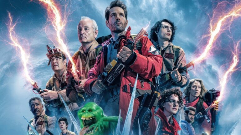 Ghostbusters: Frozen Empire poster, from left: Annie Potts, Ernie Hudson (mustache), Logan Kim (bottom), Dan Aykroyd, Bill Murray, Slimer (bottom), Paul Rudd, Mckenna Grace (eyeglasses), Finn Wolfhard, Carrie Coon (top, red), Kumail Nanjiani (sweatshirt), Celeste O'Connor, 2024