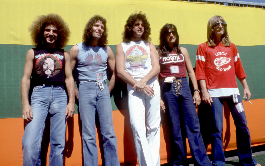 (L-R) American rock guitarist, songwriter, and vocalist, Neal Schon, English drummer, Aynsley Dunbar, American singer and keyboardist, Gregg Rolie, American singer and songwriter, Steve Perry and American musician, Ross Valory, of the American rock band Journey, pose for a group portrait circa August, 1978 in San Francisco, California