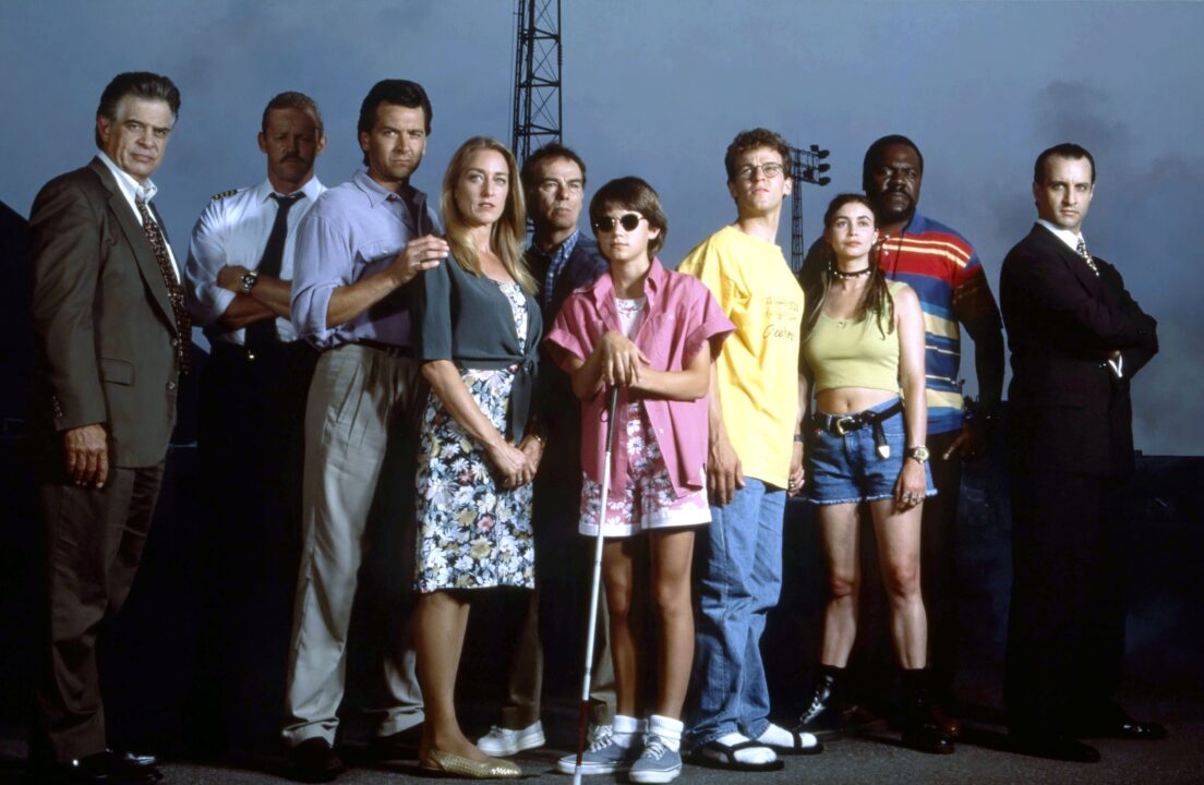 THE LANGOLIERS, from left: Baxter Harris, David Morse, Mark Lindsay Chapman, Patricia Wetting, Dean Stockwell, Kate Maberly, Chris Collet, Kimber Riddle, Frankie Faison, Bronson Pinchot, aired May 14 & 15, 1995. 