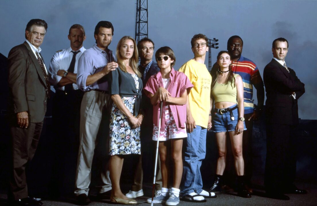 THE LANGOLIERS, from left: Baxter Harris, David Morse, Mark Lindsay Chapman, Patricia Wetting, Dean Stockwell, Kate Maberly, Chris Collet, Kimber Riddle, Frankie Faison, Bronson Pinchot, aired May 14 & 15, 1995.
