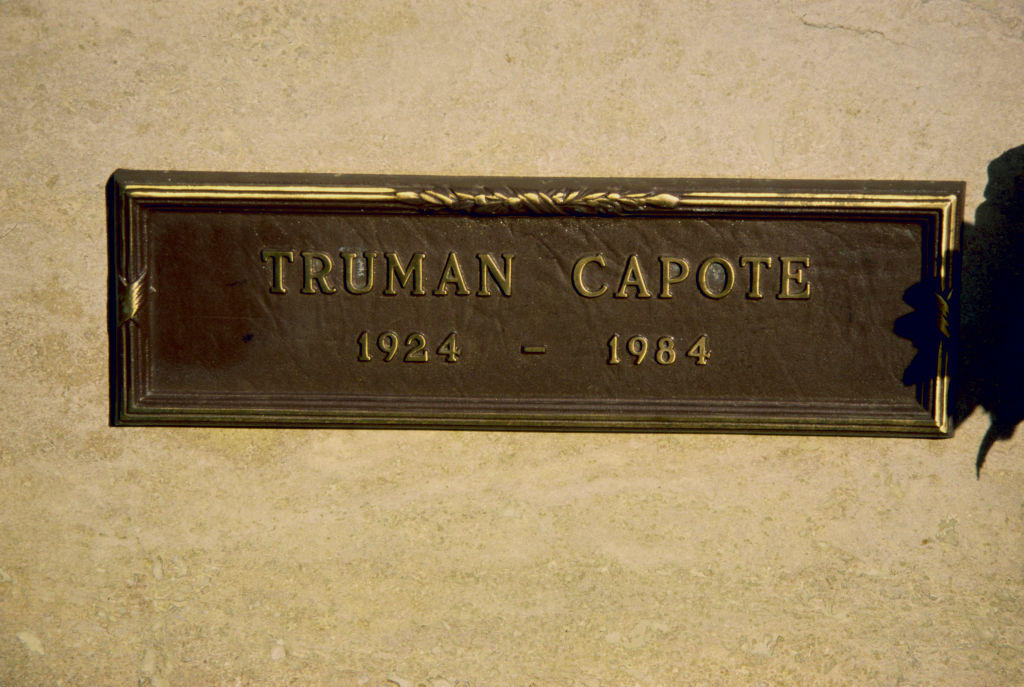 The marker attached to the crypt where the ashes of American author Truman Capote are interred, at Pierce Brothers Westwood Village Memorial Park in the Westwood neighbourhood of Los Angeles, California, circa 1990