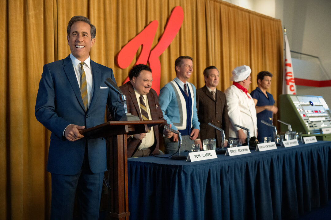 UNFROSTED - (L to R) Jerry Seinfeld (Director) as Bob Cabana, Adrian Martinez as Tom Carvel, Jack McBrayer as Steve Schwinn, Thomas Lennon as Harold Von Braunhut, Bobby Moynihan as Chef Boyardee and James Marsden as Jack LaLanne in Unfrosted. 