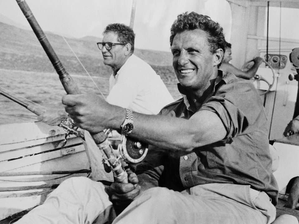 The American Sportsman from left: Joe Foss, Robert Stack fishing for perch on the Nile River, 1965