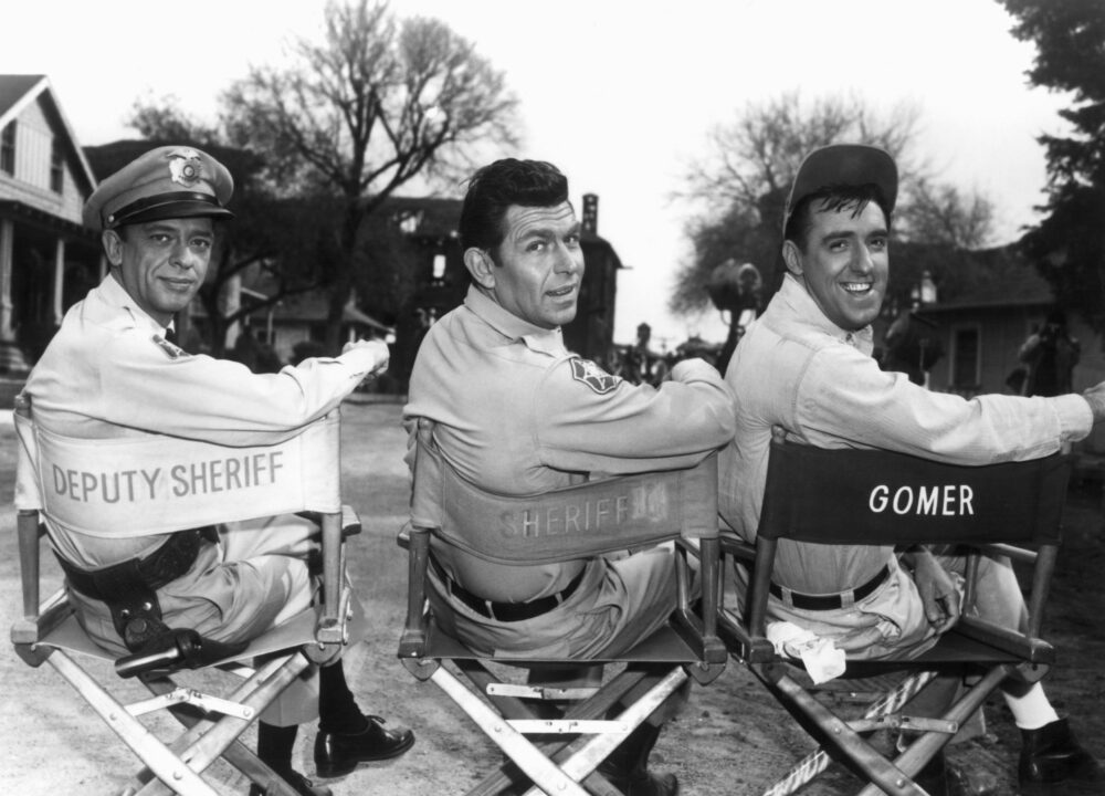 THE ANDY GRIFFITH SHOW, Don Knotts, Andy Griffith, Jim Nabors, on set, 1960-1968