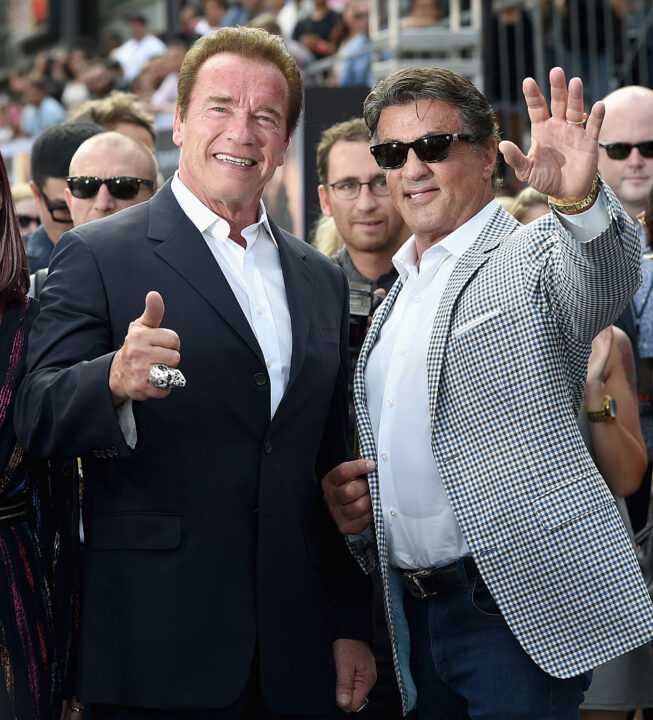 Actors Arnold Schwarzenegger (L) and Sylvester Stallone attend the LA Premiere of Paramount Pictures' 'Terminator Genisys' at the Dolby Theatre on June 28, 2015 in Hollywood, California