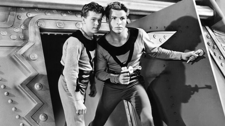 Buck Rogers from left, Jackie Moran, Buster Crabbe, 1939