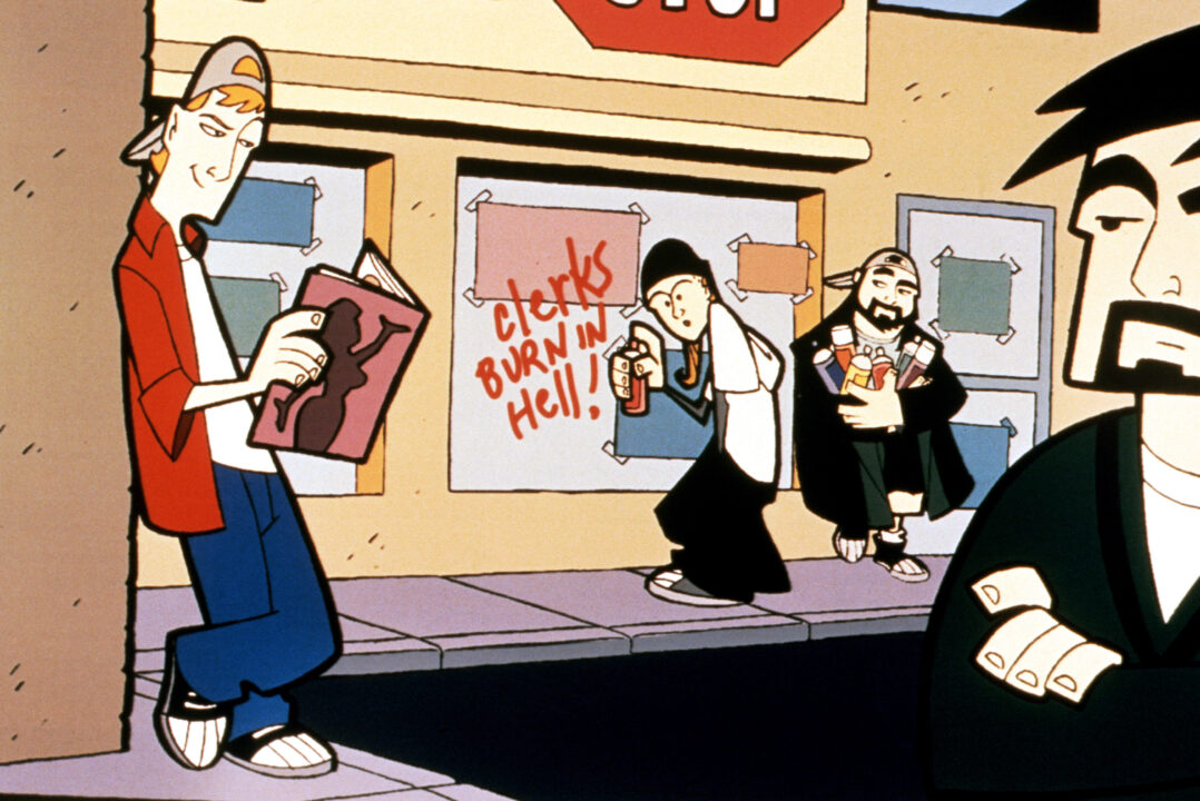 CLERKS, (from left): Randal Graves, Jay, Silent Bob, Dante Hicks, 2000-01.
