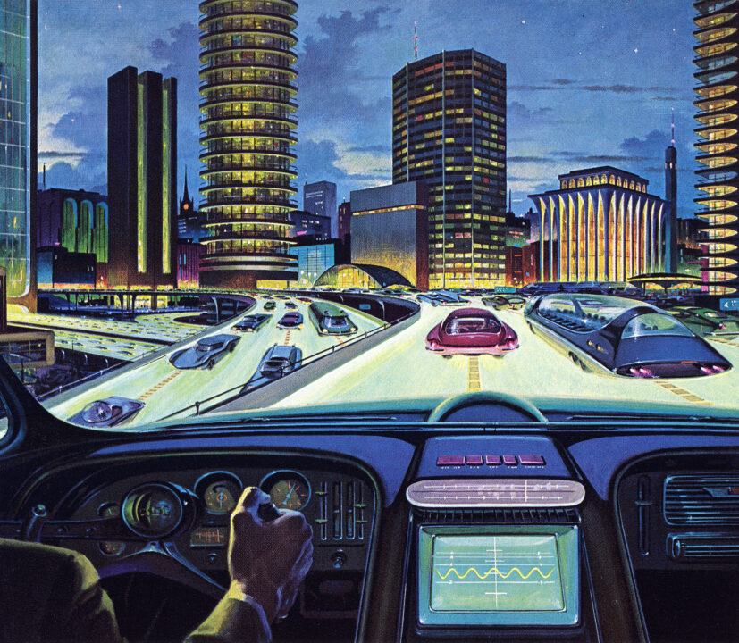 Vintage illustration of an 'electronic car of tomorrow' driving on a city highway, with electronic display and guidance, 1950s. Screen print. 