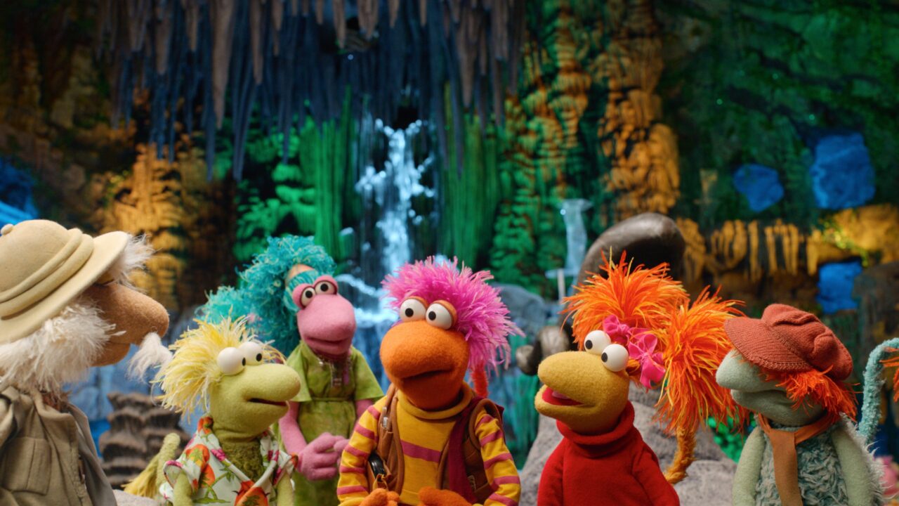 Fraggle Rock: Back to the Rock from left: Uncle Travelling Matt, Wembley (voice: Jordan Lockhart), Mokey (voice: Donna Kimball), Gobo (voice: John Tartaglia), Red (voice: Karen Prell), Boober (voice: Dave Goelz), 'The Great Wind', (Season 2, ep. 201, aired March 29, 2024)