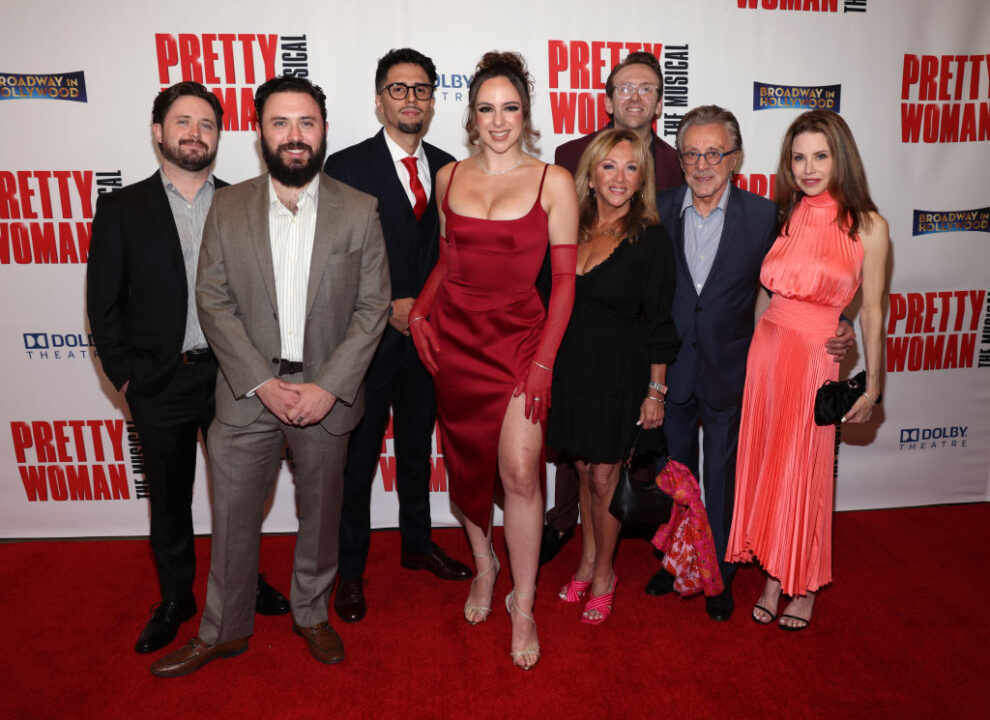 Brando Valli, Emilio Valli, cast member Olivia Valli, Antonia Valli, Dario Valli, Frankie Valli and Jackie Jacobs pose at the Los Angeles opening night for "Pretty Woman The Musical" at the Dolby Theatre on June 17, 2022 in Hollywood, California