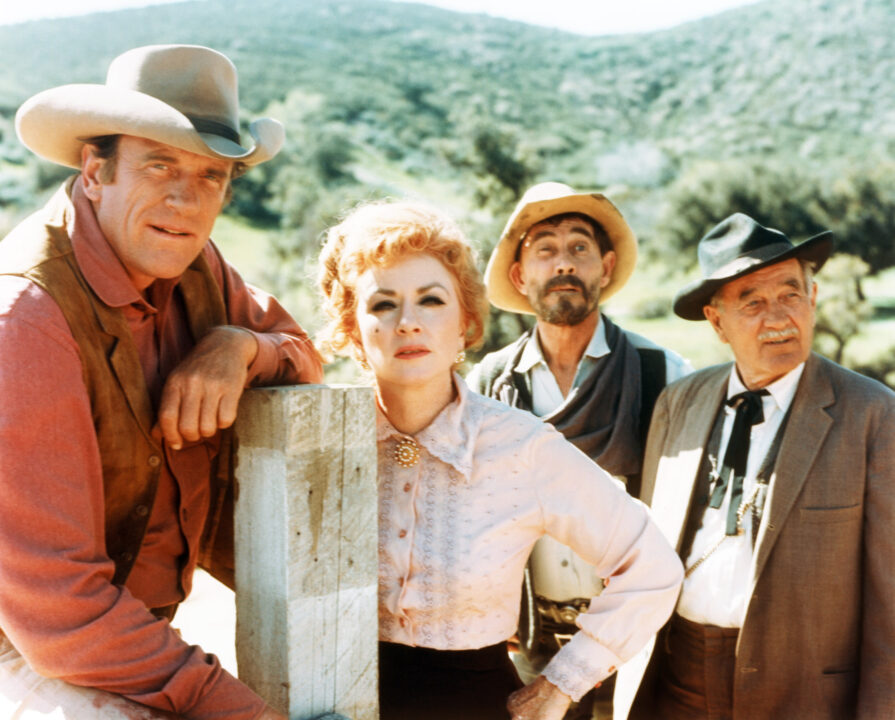 GUNSMOKE, (from left): James Arness, Amanda Blake, Ken Curtis, Milburn Stone, 1955-75.