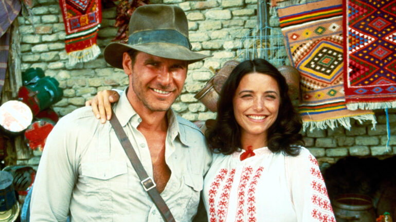 Harrison Ford, Karen Allen on the set of Raiders of the Lost Ark 1981