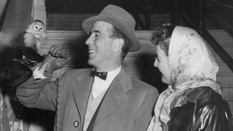 Monkey Shines, Bogey Beams: Humphrey Bogart happily accepts a monkey from members of the Bogart fan club who thought the handsom little fellow would be a fitting gift to celebrate the stars Technicolor film 
