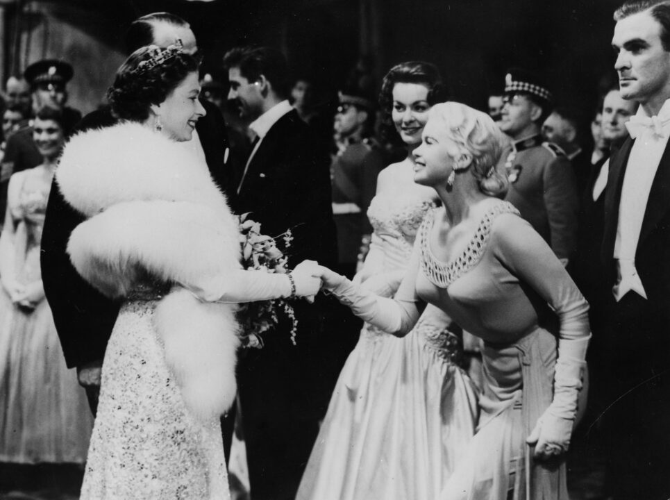 Jayne Mansfield meeting Queen Elizabeth II in 1957
