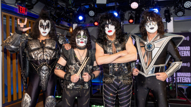 Gene Simmons, Eric Singer, Paul Stanley and Tommy Thayer of KISS visit SiriusXM's 'The Howard Stern Show' at SiriusXM Studios on March 01, 2023 in Los Angeles, California