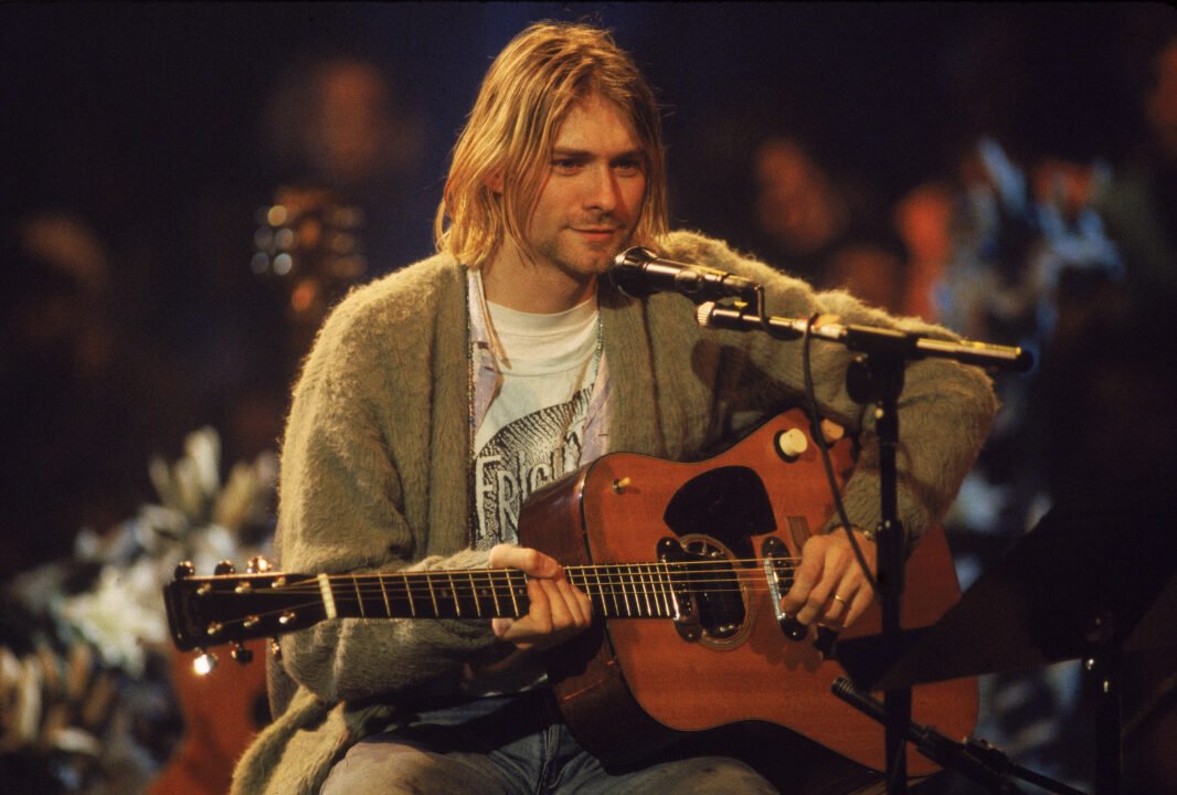 American singer and guitarist Kurt Cobain (1967 - 1994), performs with his group Nirvana at a taping of the television program 'MTV Unplugged,' New York, New York, Novemeber 18, 1993. 