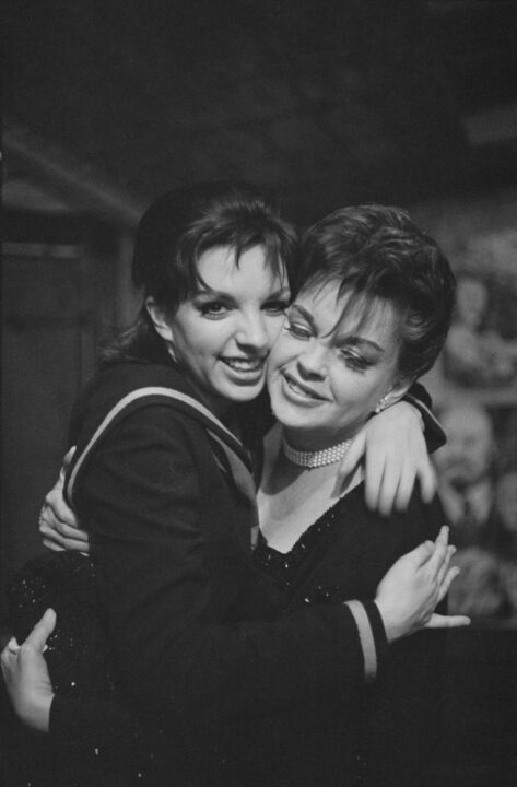 American actress and singer Liza Minnelli with her mother, American actress and singer Judy Garland (1922 - 1969), backstage after she opened in 'Flora the Red Menace' at the Alvin Theatre, New York, US, 11th May 1965