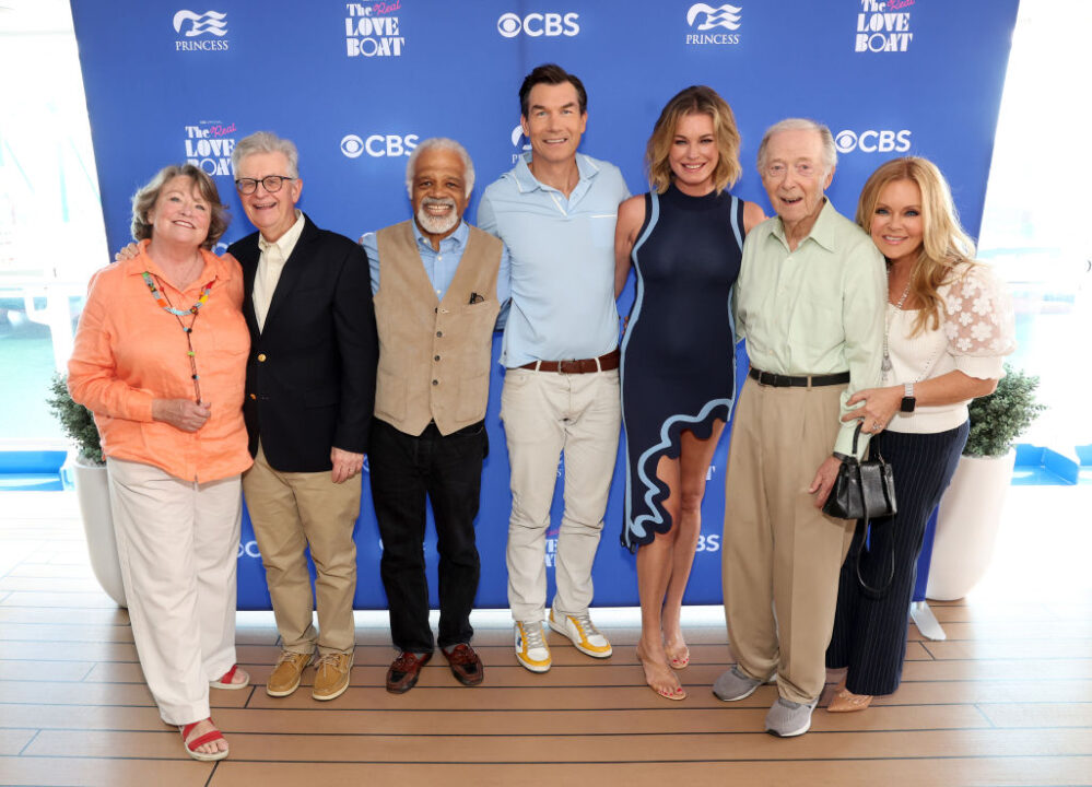 Cynthia Lauren Tewes, Fred Grandy, Ted Lange, Jerry O'Connell, Rebecca Romijn, Bernie Kopell and Jill Whelan aboard Discovery Princess on October 22, 2022 in San Pedro, California