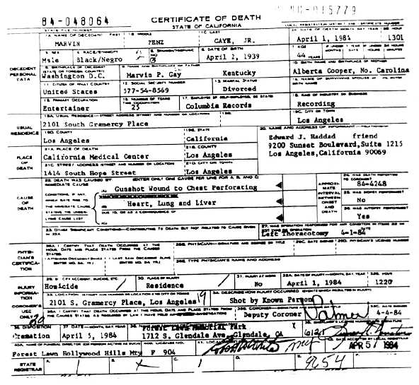 Marvin Gaye Death Certificate