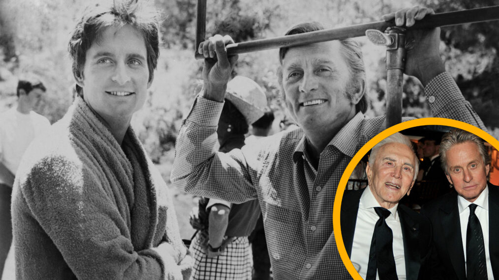 (Original Caption) Actor Kirk Douglas, paid a surprise visit to his son Michael Douglas on the movie set, 