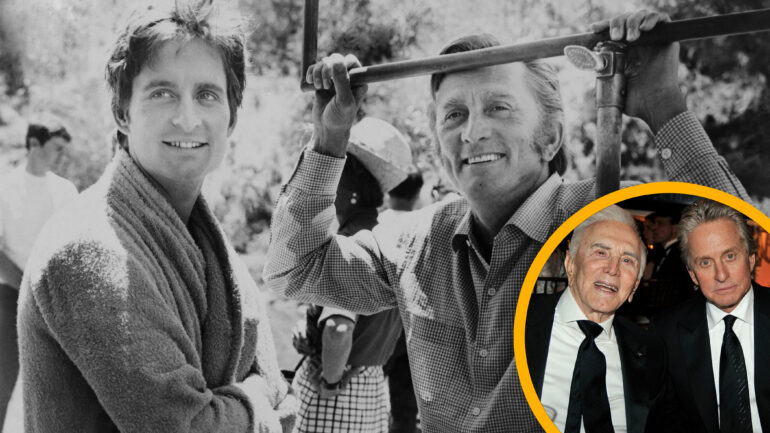 (Original Caption) Actor Kirk Douglas, paid a surprise visit to his son Michael Douglas on the movie set,