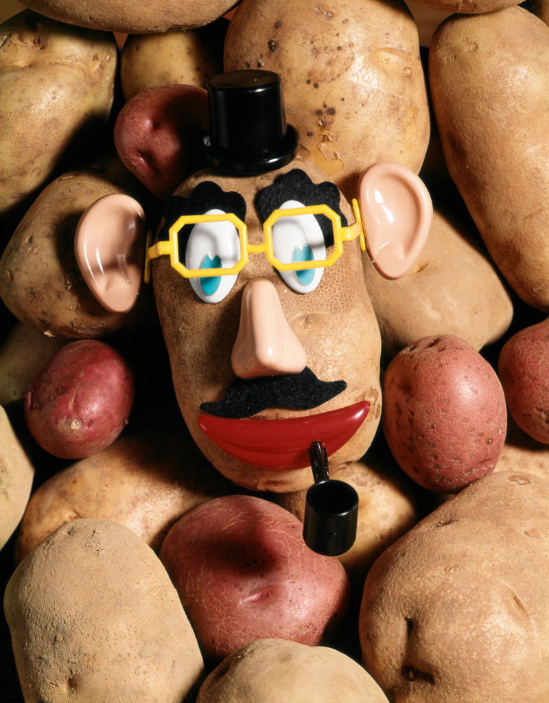 1950s 1960s Mr. Potato Head Fad Toy Potatoes Face Character Plastic Facial Features Eyes Ears Nose Glasses Mustache Pipe Funny