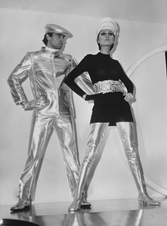 Space age outfits in silver vinyl by Pierre Cardin, on display at Fashion Week in Paris, 26th January 1968. 