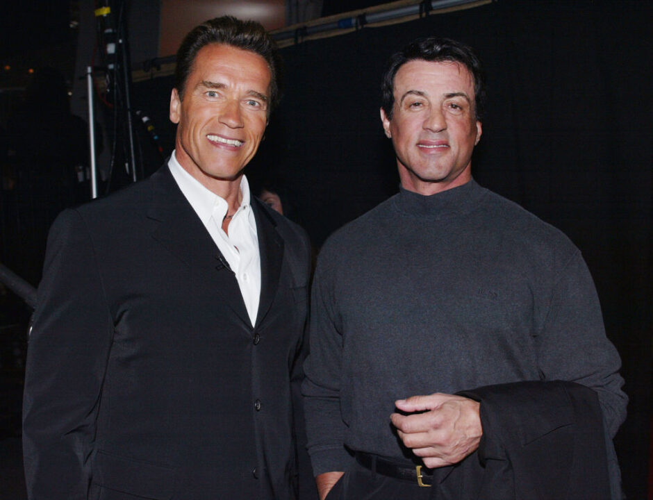 Arnold Schwarzenegger and Sylvester Stallone at the "2002 World Stunt Awards" at Barker Hanger, Santa Monica , Ca. Sunday, May 19, 2002