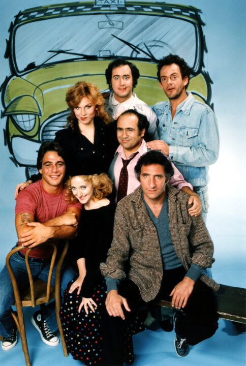 TAXI, (Front L-R), Tony Danza, Carol Kane, Judd Hirsch, (Back L-R), Marilu Henner, Danny DeVito, Andy Kaufman, Christopher Lloyd, Season 5 cast portrait, 1982-1983.